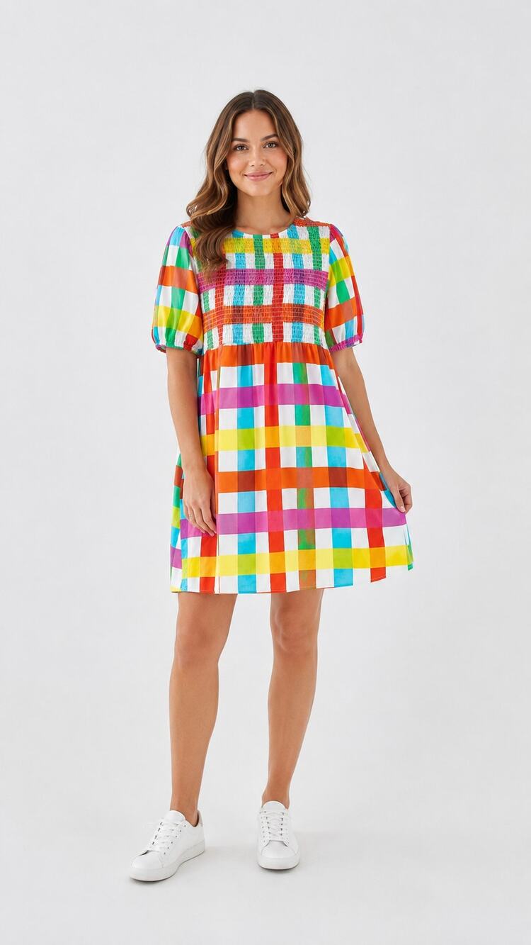 Never Fully Dressed Rainbow Smock Puff Sleeve Babydoll Mini Dress Womens Size 8
